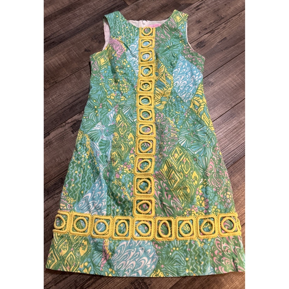 Lilly Pulitzer Mila Shift Dress Women 0 Green Yellow Sun Dance Lace Panel Resort